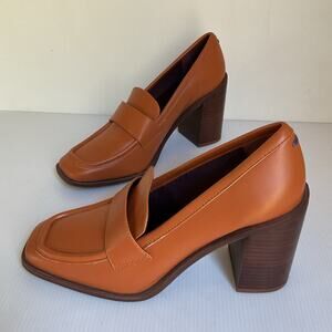 Franco Sarto Tan Leather Block Heel Loafers Women’s Sz 9.5M Classic Penny Heels